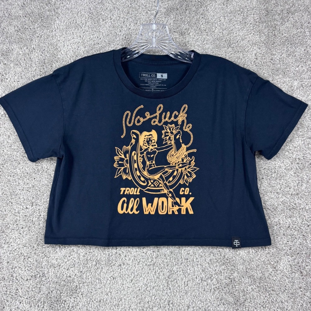 Troll Co No Luck All Work Graphic Crop‎ Top Black Small Cowgirl Horseshoe Tee